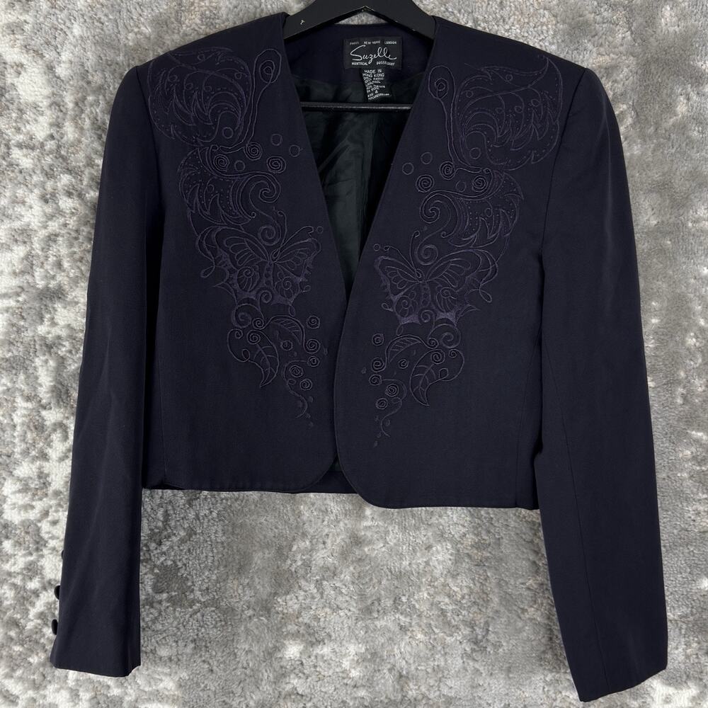 VINTAGE Suzelle Size 4 Embroidered Wool Butterfly Open Front Blazer Jacket
